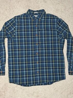 Duluth Trading Men’s L Beergarden Blue Plaid Slim Fit Untucked Shirt Flex